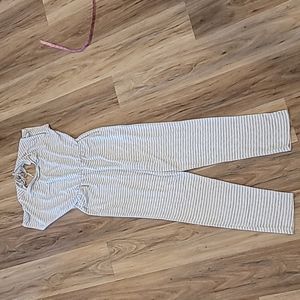 White and grey stripe jumpsuit